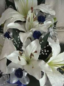 WEDDING BOUQUET SET, REAL TOUCH LILY ROYAL BLUE ROSE  