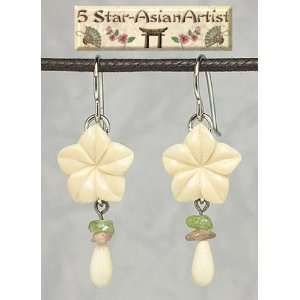 Mammoth Ivory Sterling Silver Earring Flower Carving Dangle~*~