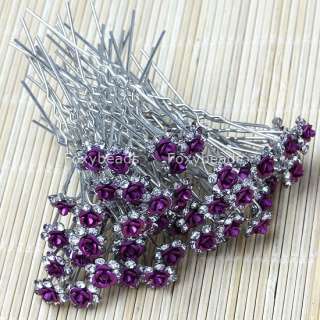 50p PURPLE Rose Crystal Bridal*Party Jewel Hair Pin New  