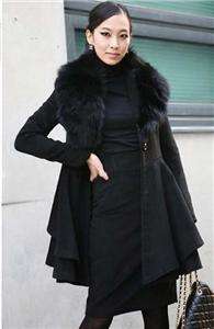 Luxury 100% rabbit fur large collar winter outerwear ruffled dress 