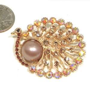   & AB Austrian Rhinestone & Faux Pearl Gold Plated Peacock Brooch Pin