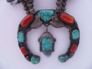 VTG Navajo SS Turquoise Coral Squash Blossom Necklace  