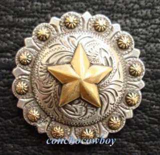   SADDLE 3D ANTIQUE SILVER GOLD STAR BERRY CONCHO SIZE 1 1/4 INCH