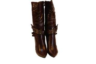   DRESSY BROWN STUDDED BUCKLE BELTS SLOUCH HIGH HEEL BOOTS  
