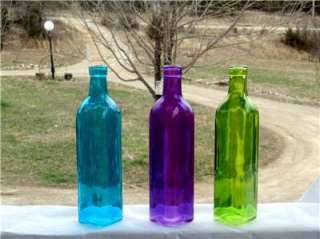 Set of 3 Colored Glass Bottles Vases Purple Green Blue  