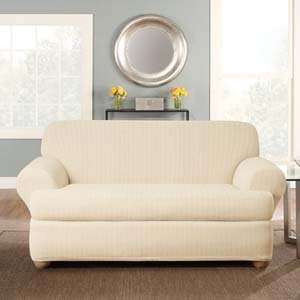   Cream Stretch Pinstripe 2 Piece T Cushion Sofa Cover