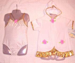 NEW WHITE & GOLD DOT BATHING SUIT + TERRY COVERUP 4T  