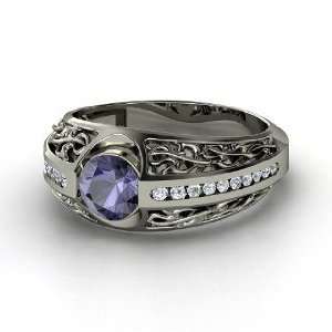   Vintage Romance Ring, Round Iolite 14K White Gold Ring with Diamond